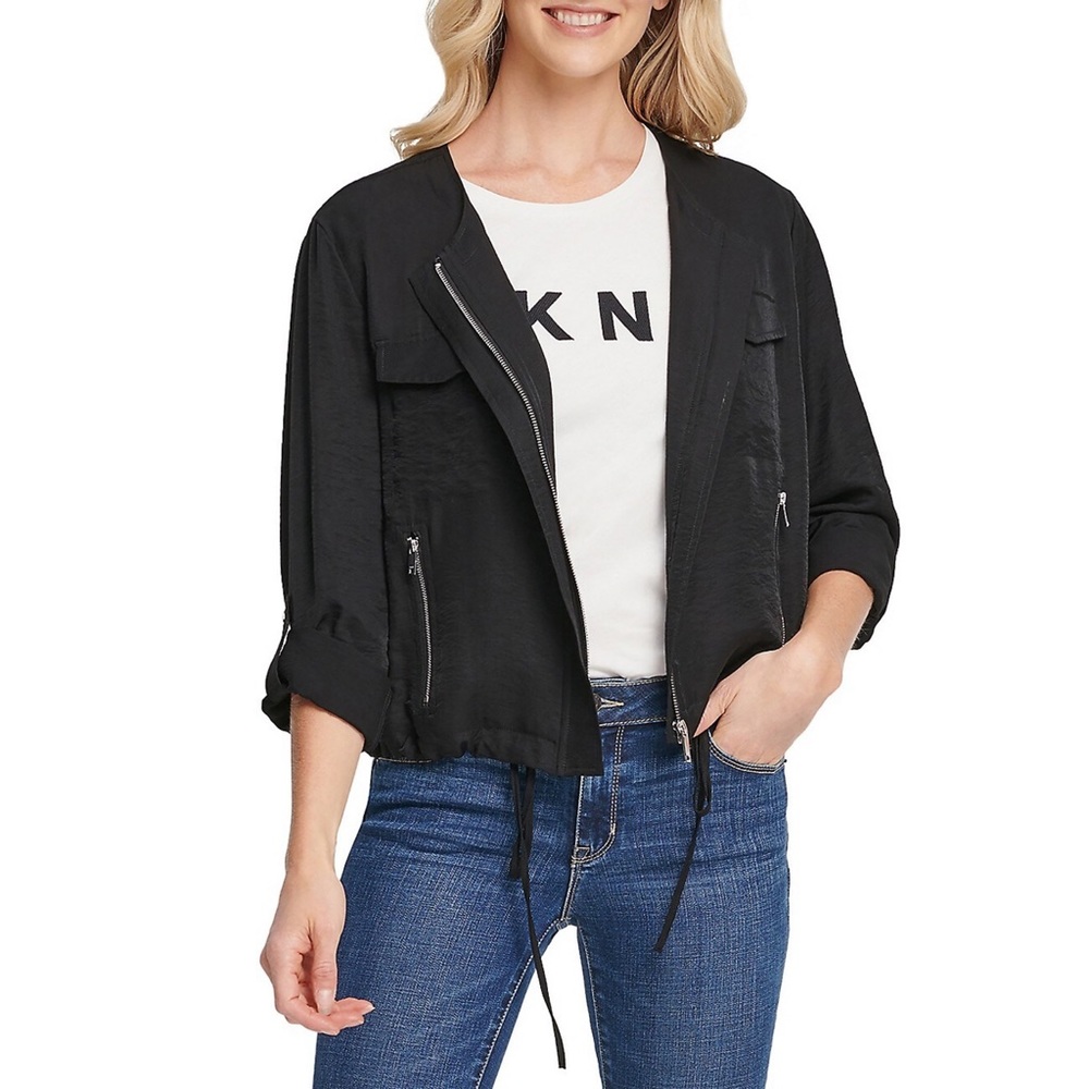 DKNY Full Front Zip Roll Tab Sleeves Black Jacket